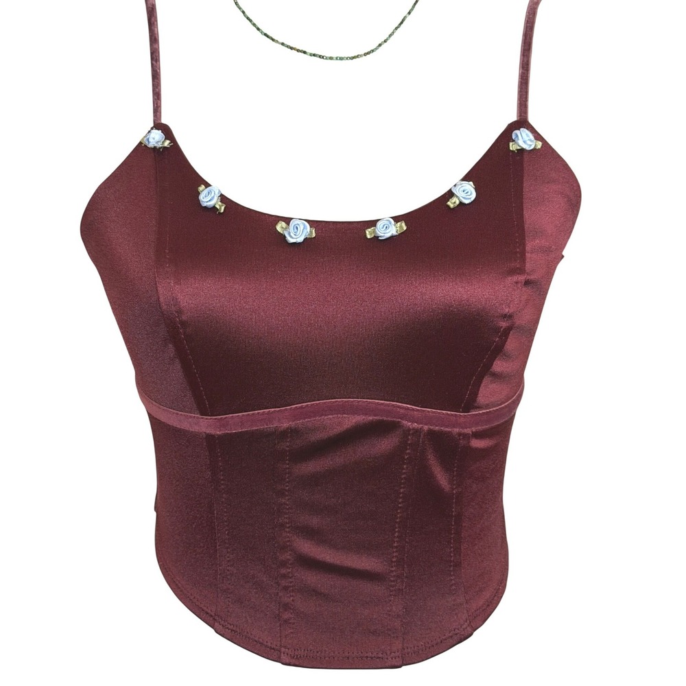 Satin Corset Crop Top Ribbon Roses Smocked Womens XXS Coquette Fairy Goth